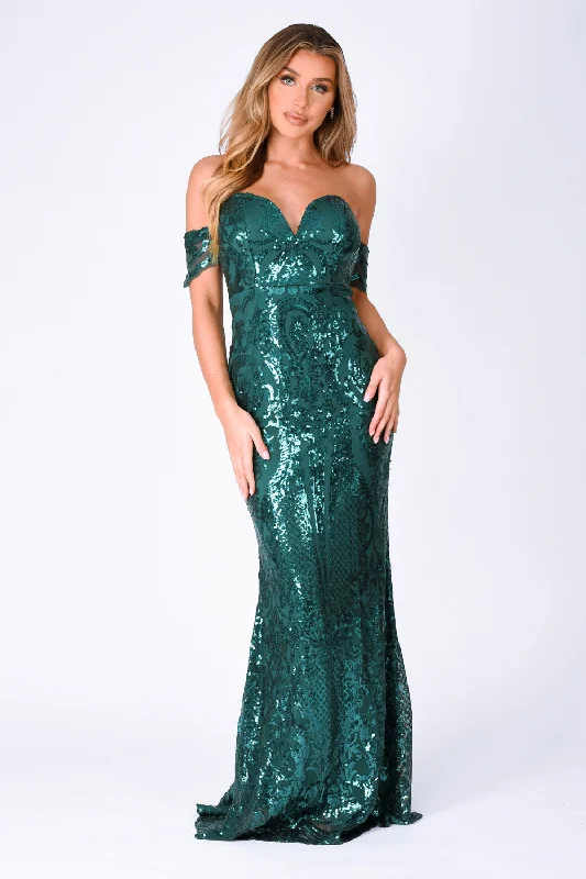 Lovestruck Emerald Green Luxe Sweetheart Off Shoulder Sequin Fishtail Dress Black Sequin Dress