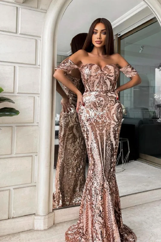 Lovestruck Rose Gold Luxe Sweetheart Off Shoulder Sequin Fishtail Dress Sequin Dress Style