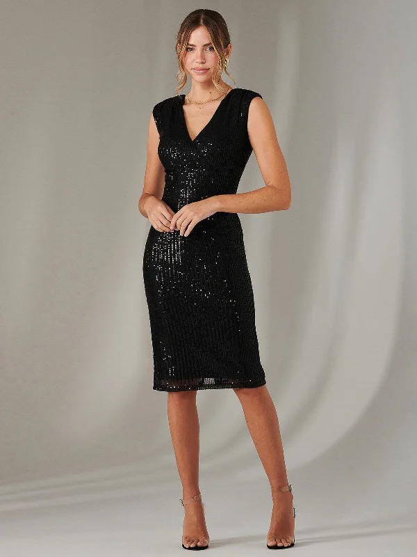 Qaya Sequin V Neck Shift Dress, Black Sequin Dress Outfit