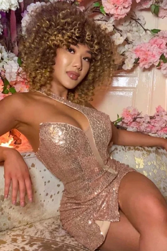 Rare Find Rose Gold Sequin Mesh One Shoulder Slit Dress Formal Sequin Dress