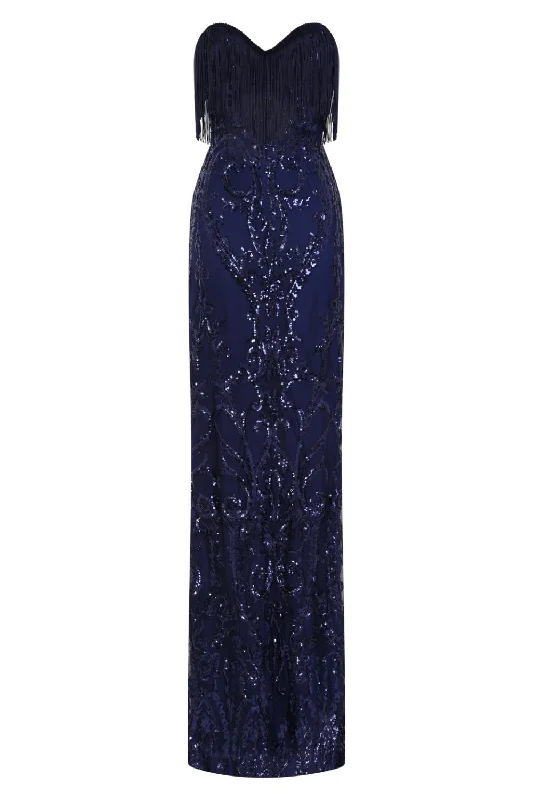 Runway Navy Luxe Sweetheart Tassel Fringe Sequin Fishtail Dress Sequin Party Dress