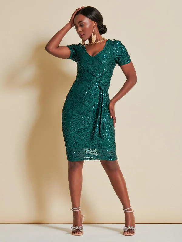 Sequin Ruched Detail Pencil Dress, Green Flirty Sequin Dress