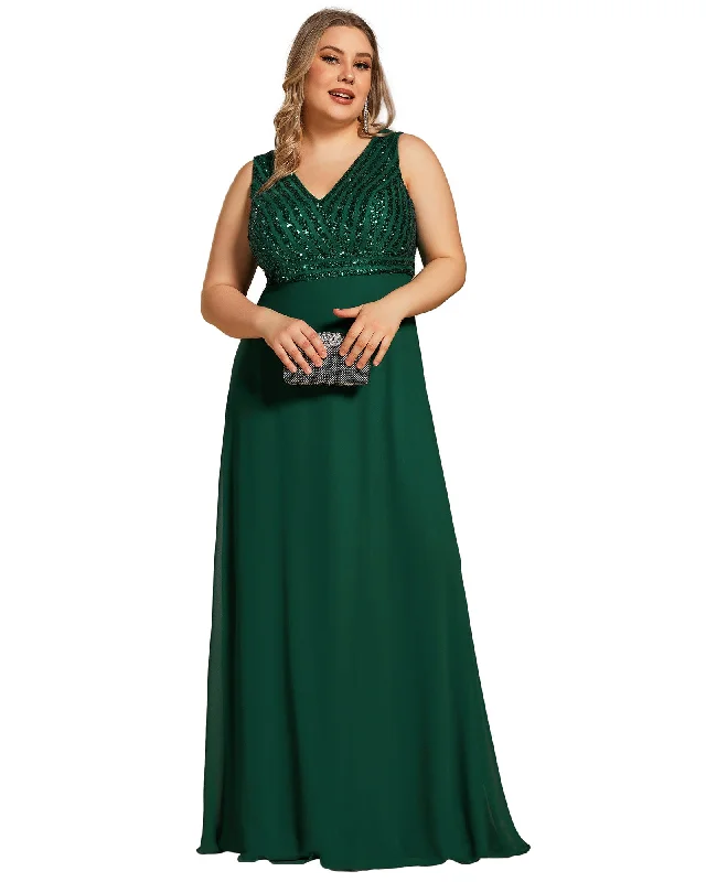 Sequin Sleeveless Double V-Neck Formal Evening Dress | Dark Green Ruffled Sequin Dress