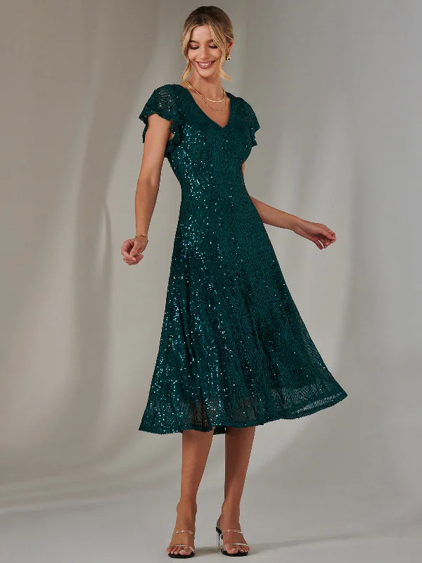 Sequin V Neck FIt & Flare Midaxi Dress, Green Sleeveless Sequin Dress