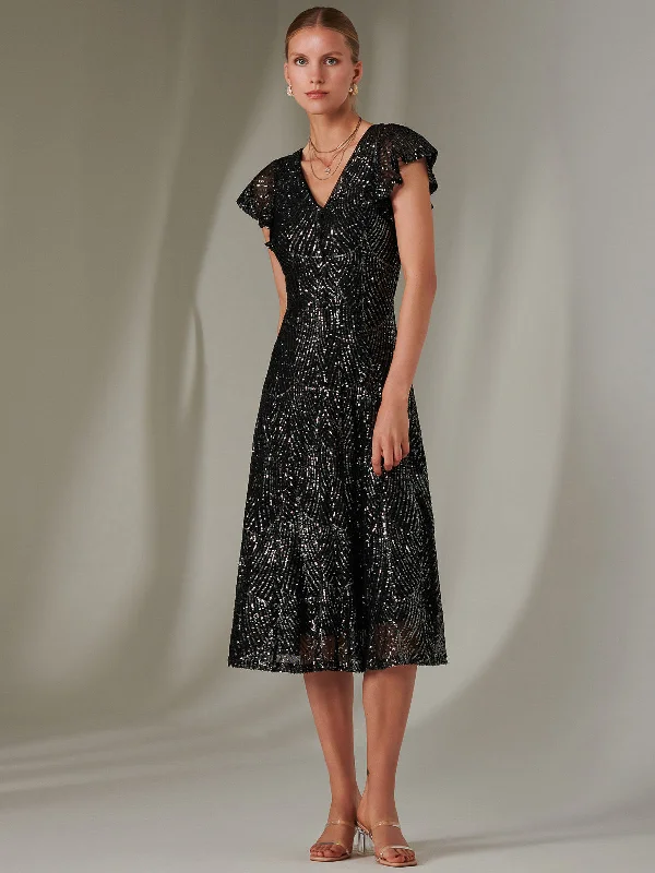 Sequin V Neck FIt & Flare Midaxi Dress, Black Glam Sequin Dress