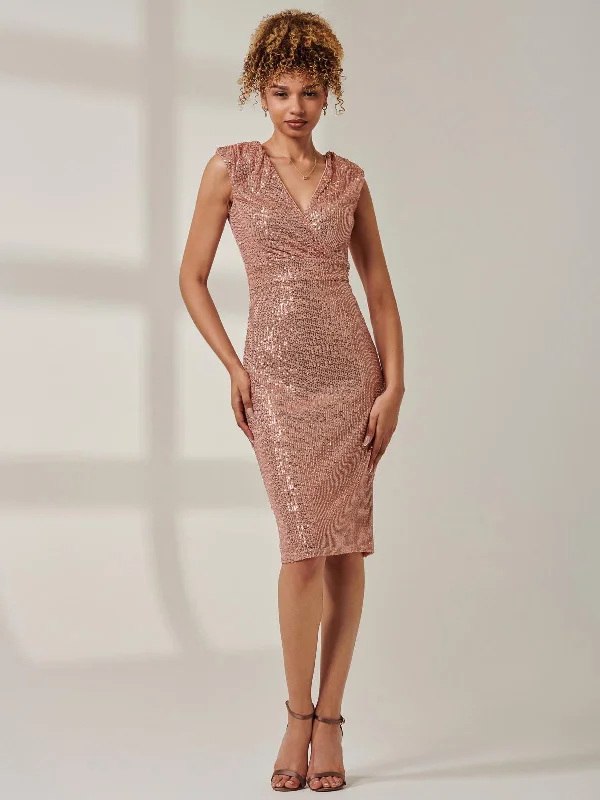 Sequin Wrap Detail Hourglass Dress, Rose Gold Strapless Sequin Dress