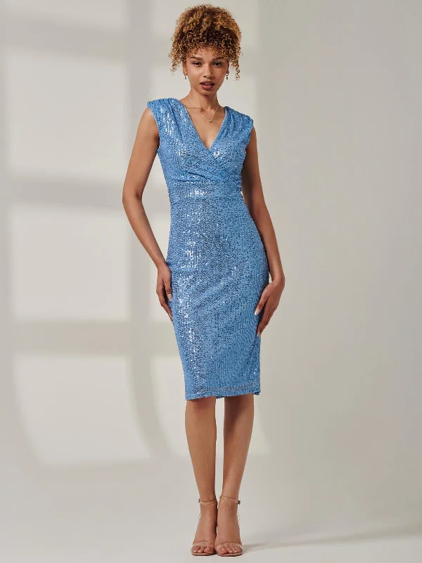 Sequin Wrap Detail Hourglass Dress, Blue Sequin Backless Dress