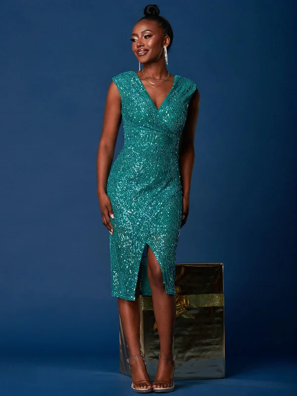 Sequin Wrap Slit Pencil Dress, Teal Multi Sequin Gown Party