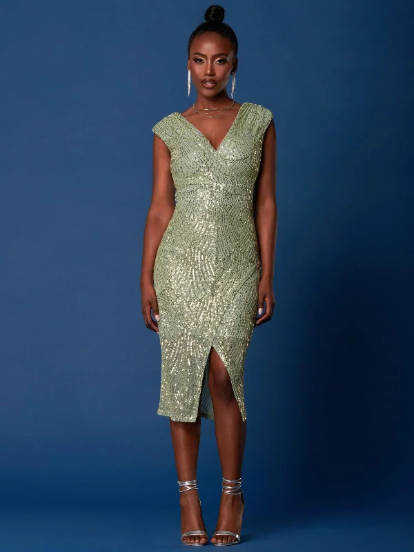 Sequin Wrap Slit Pencil Dress, Dusty Green Sequin Dress Appeal