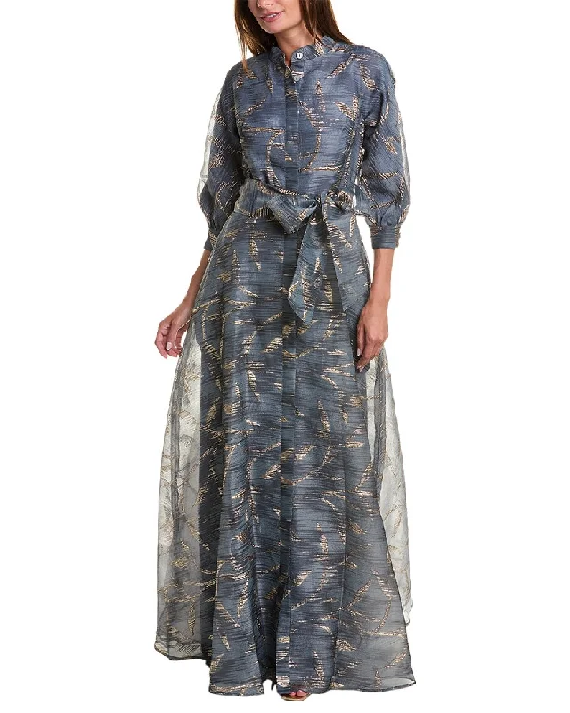 Teri Jon by Rickie Freeman Metallic Jacquard Shirt Gown Polka Dot Shirt