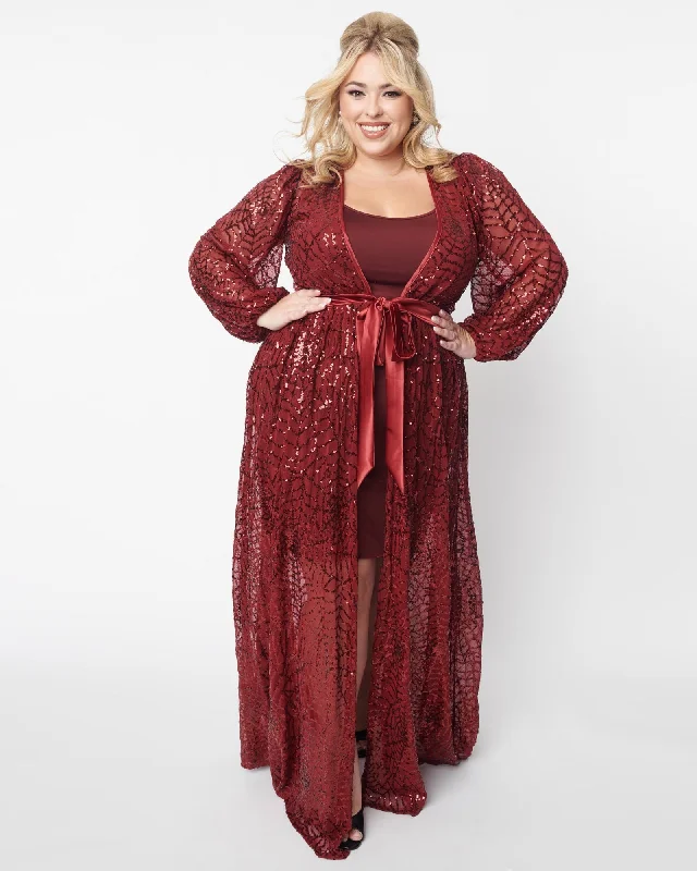 Unique Vintage Burgundy Spiderweb Sequin Hollywood Duster | Red Modern Sequin Gown