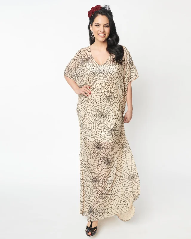 Unique Vintage Nude Sequin Spiderweb Burton Caftan Dress | Nude Formal Sequin Dress