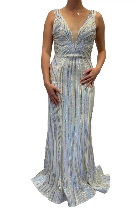 V Neck Multi Color Sequin Gown In White/multi Sequin Shift Gown