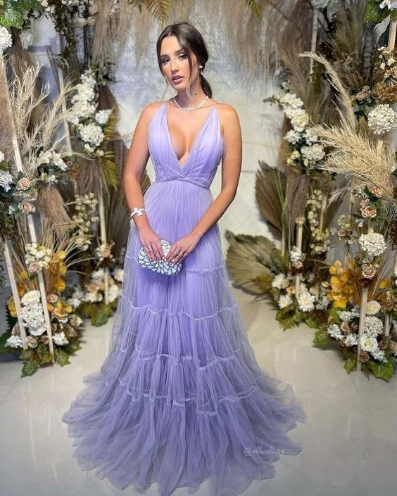 A-line Lilac Tulle Deep V-Neck New Best Modest Elegant Long Women Evening Prom Dresses Y5566 Tulle Dress Dream