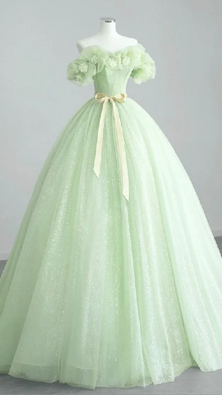 A-Line Off Shoulder Tulle Green Long Prom Dress, Green Sweet 16 Dress Y5854 Tulle Dress Vibe