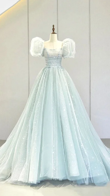 A-Line Puff Sleeves Blue Long Prom Dress, Tulle Formal Evening Dress Y2932 White Tulle Dress