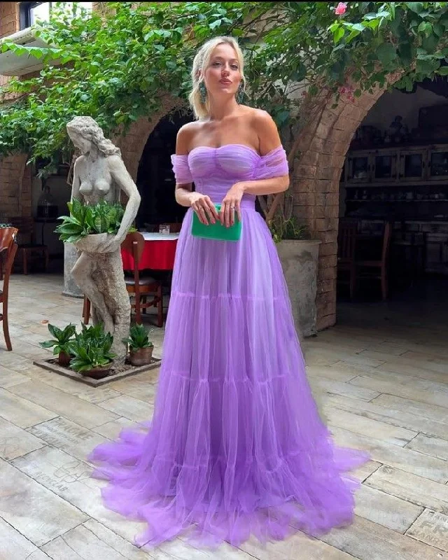 A Line Purple Off the Shoulder Formal Evening Gowns Tulle Long Prom Dresses Y2198 Pretty Tulle Dress