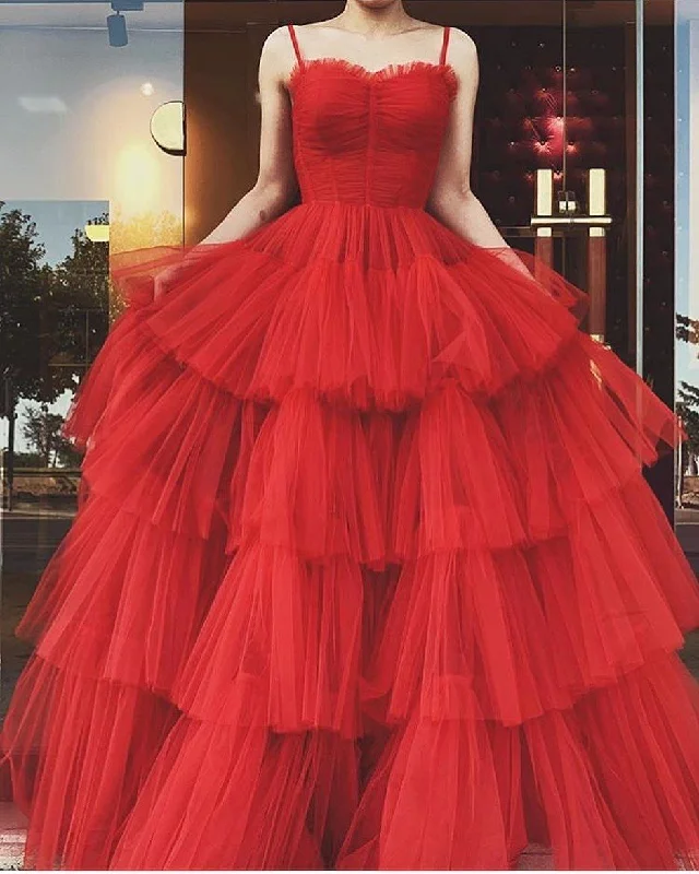 A-line Spaghetti Straps Red Tulle Tiered Prom Dress,Red Evening Gown  Y4644 Elegant Tulle Dress