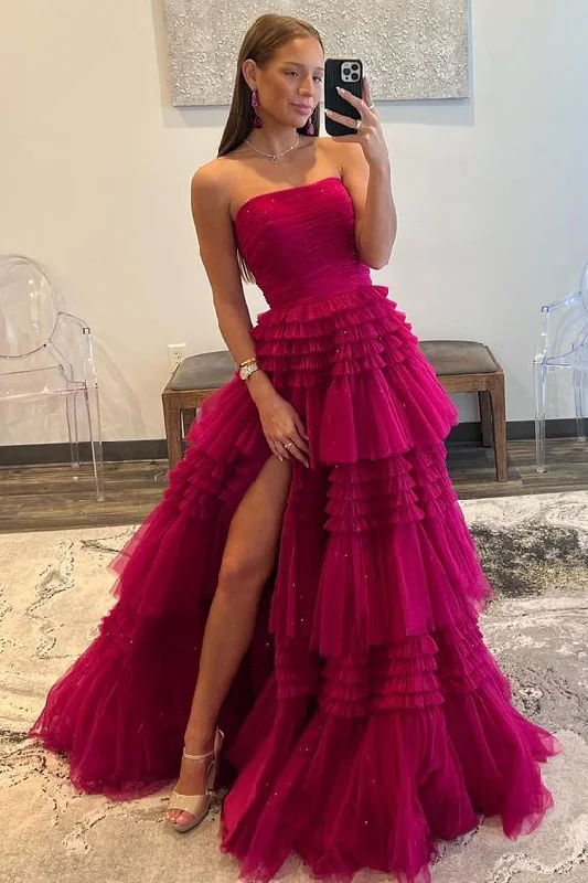 A-Line Strapless Tulle Long Prom Dress with Tiered Ruffles Y5301 Tulle Dress Color