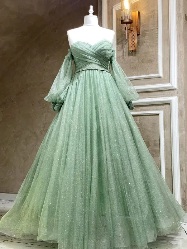 A-Line Sweetheart Neck Tulle Green Long Prom Dress, Green Formal Evening Dress Y3033 Soft Tulle Dress