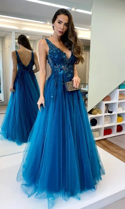 A-Line V Neck Appliques and Tulle Prom Dresses Y5379 Off-shoulder Tulle Dress