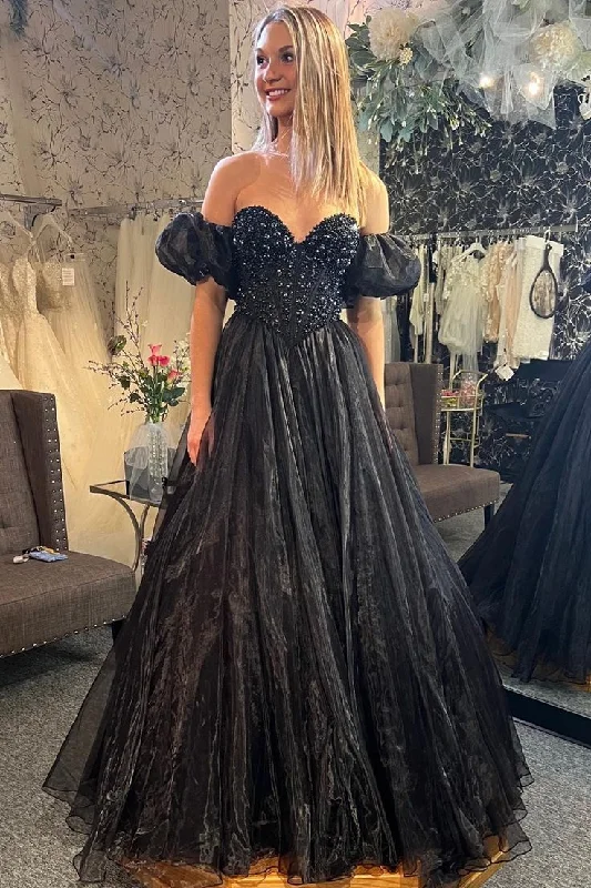 Black A-line Puff Off-the-Shoulder Beaded Tulle Long Prom Dress Y5750 Romantic Tulle Dress