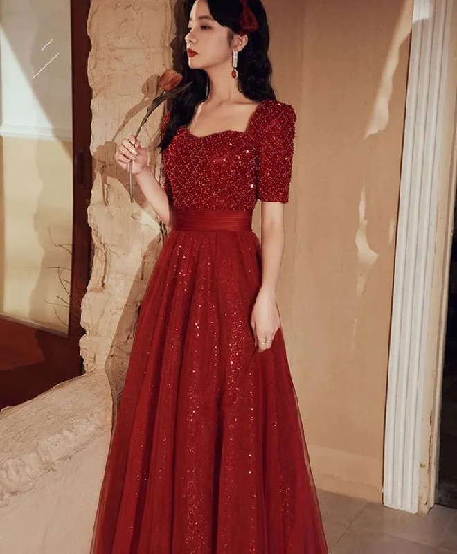 Burgundy A-line Beading Long Prom Dress, Burgundy Tulle Formal Dress Y5849 Stylish Tulle Gown