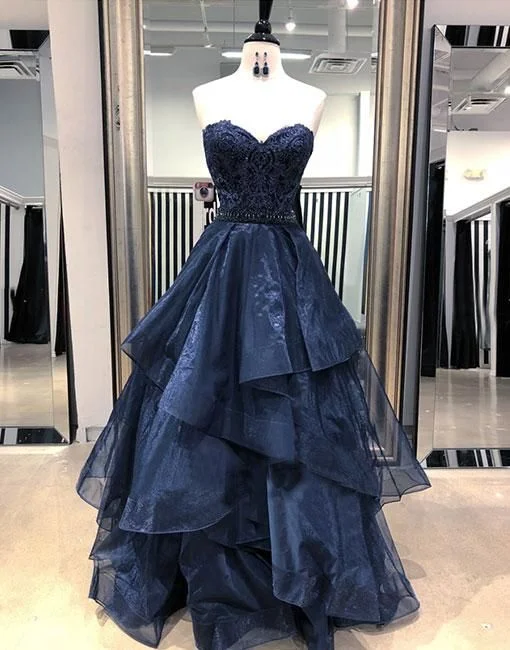 Dark blue lace tulle long ball for teens Prom Dresses Y5852 Tulle Wedding Gown