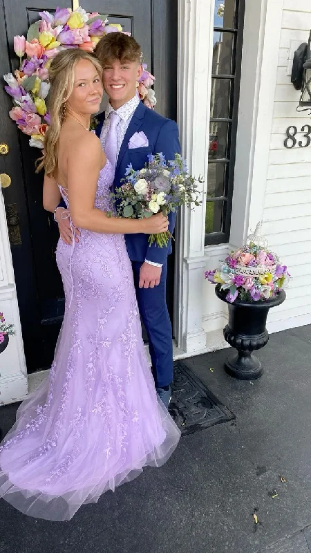 Elegant Purple Lace Tulle Mermaid Prom Dress,Purple Graduation Dress Y5310 Tulle Dress Sleek