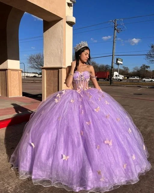 Glamorous Purple Tulle Princess Dress With Butterflies,Ball Gown,Sweet 16 Dress  Y5463 Tulle Dress Charm