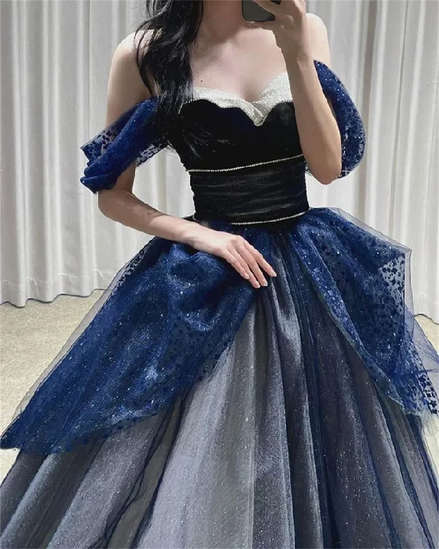 Gothic Glitter Blue Princess Tulle Prom Dress, Blue Long Evening Prom Dress, Fairy Dresses, Cottagecore Dress, Princess Gown Y5611 Tulle Dress Set