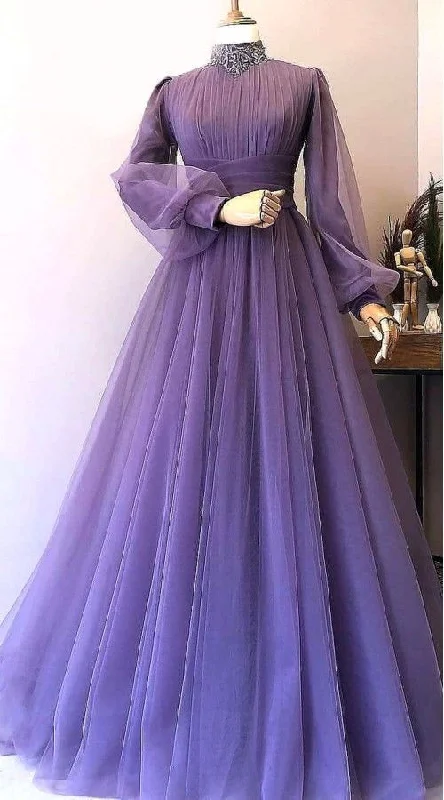 High Neck Vintage Prom Dresses Long Sleeve Muslim Beaded Lace Tulle Elegant Purple Prom Gown Y5845 Formal Tulle Dress