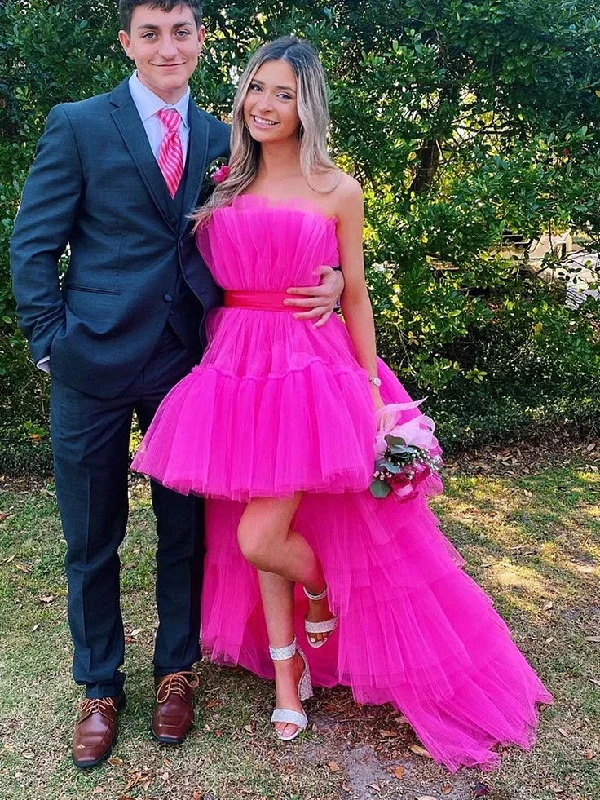 Hot Pink High Low Tulle Prom Dresses, Hot Pink High Low Formal Graduation Dresses Y5609 Tulle Dress Style