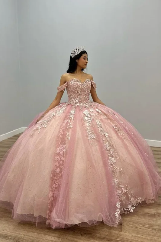 Off The Shoulder Pink Tulle Appliques Ball Gown Quinceanera Dress Y5882 Tulle Dress Fashion