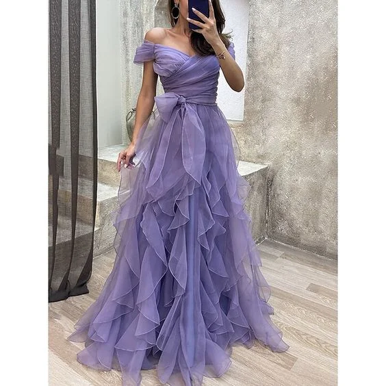 Off The Shoulder Purple Tulle Prom Dress,A-line Prom Gown Y5632 Tulle Dress Trend