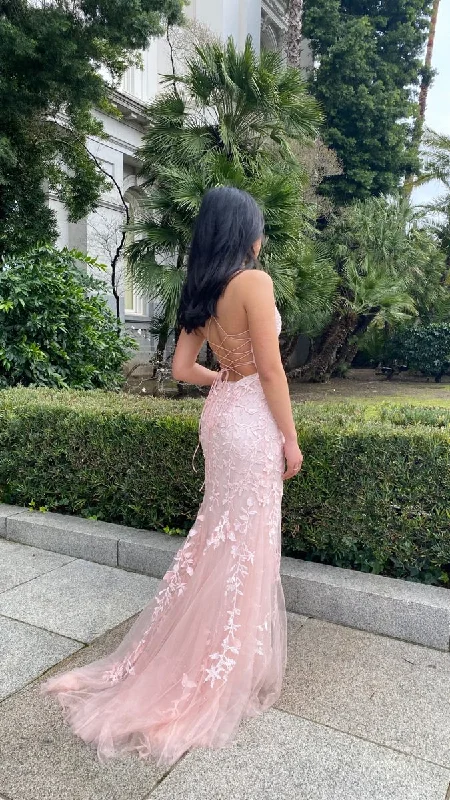 Pink Mermaid Lace Tulle Prom Dress Lace-up Back Evening Dress Y2902 Tulle Dress Look