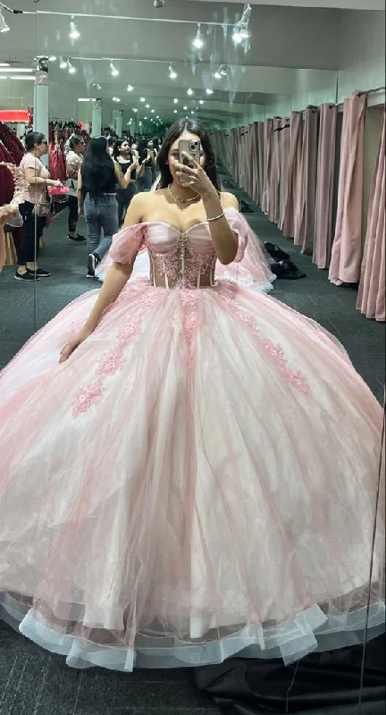 Pink Off The Shoulder Tulle Ball Gown,Pink Sweet 16 Dress Y5468 Tulle Bridesmaid Dress