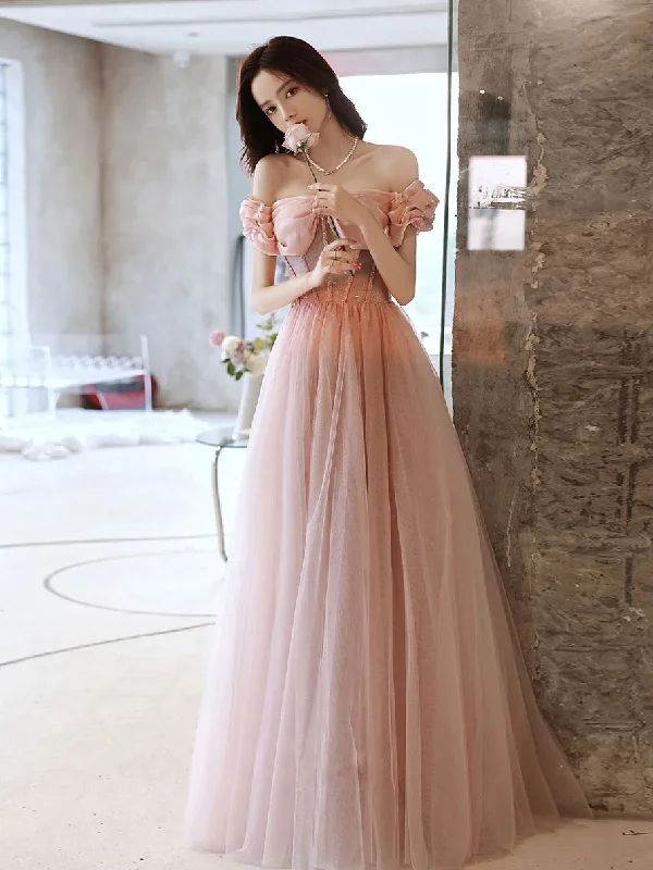 Pink Sweetheart Neck Tulle Beads Long Prom Dress, Pink Evening Dress,Y2406 Formal Tulle Dress