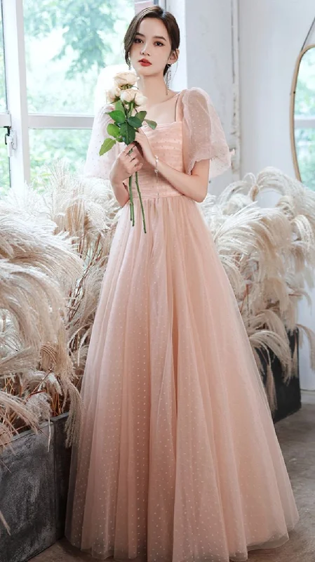 Pink tulle long A line prom dress pink evening gown Y1926 Tulle Dress Sparkle