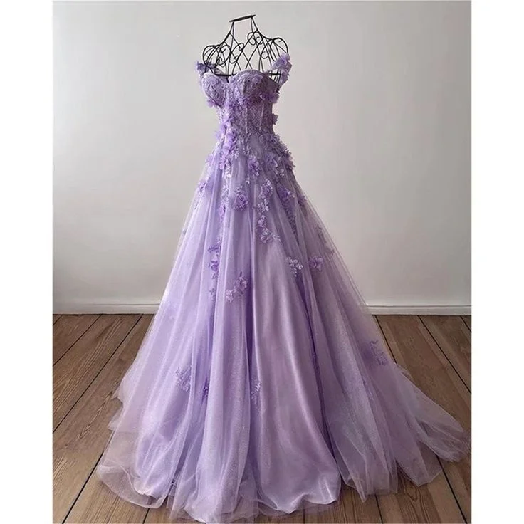 Princess 3D Flower sweet A-line Tulle Evening Dress/ Purple Prom Dress Handmade Y4677 Tulle Dress Dazzle