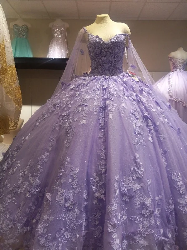 Puffy Ball Gown Quinceanera Dresses Purple with Butterflies Lace Tulle for Girls Sweet 15 16 Birthday Y5214 Stylish Tulle Dress