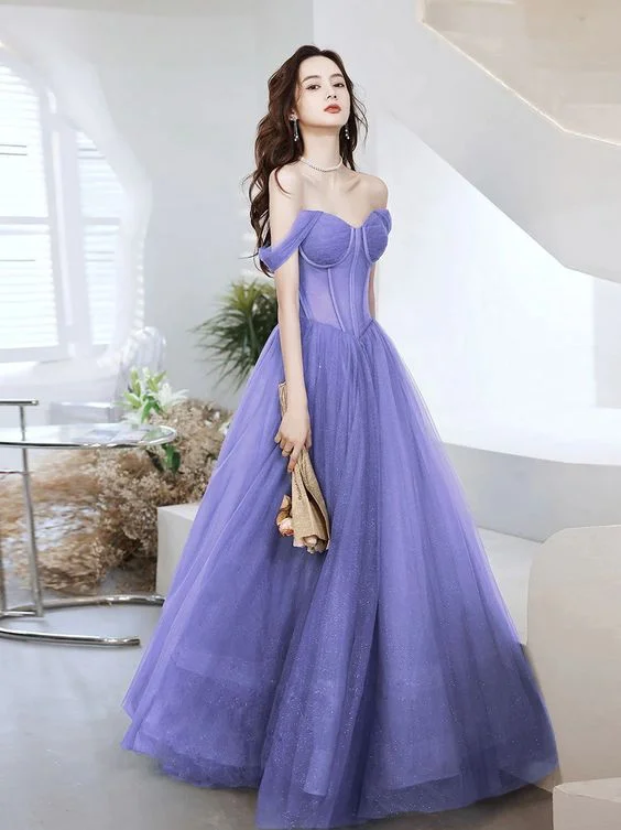 Purple Sweetheart Neck Tulle Long Prom Dress, Purple Formal Evening Graduation Dress Y5873 Tulle Dress Formal