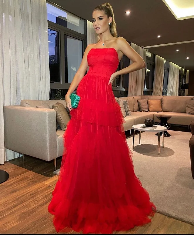 Red Strapless Tulle Prom Dress,Red Long Evening Dress Y2354 Tulle Dress Layers