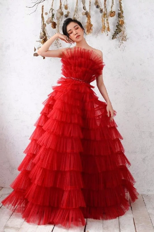 Red Tulle Long A line Ball Gown,Red Evening Dress Y3067 Chic Tulle Dress