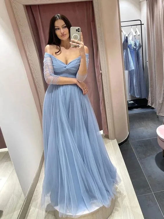 Simple blue tulle long prom dress blue tulle formal dress Y5579 Tiered Tulle Dress