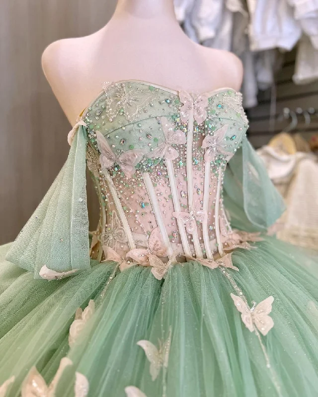 Stunning Green Tulle Princess Dress With Butterflies,Ball Gown,Sweet 15 Dress  Y5462 Boho Chic Tulle