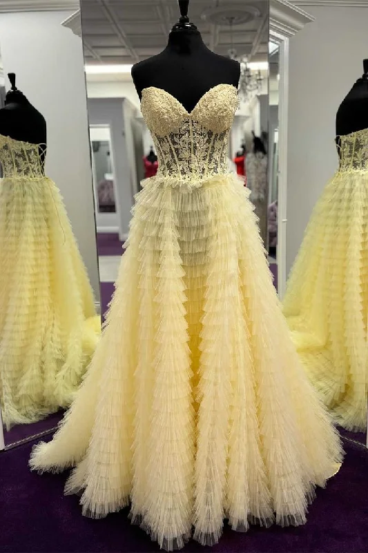 Yellow Sweetheart Lace Corset Tiered Tulle Prom Dress Y5819 Pretty Tulle Dress